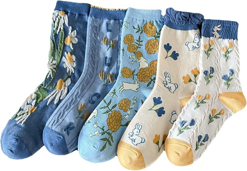 MarJunSep Cute Floral Crew Socks for Women Teen Girls Flower Cottagecore Frilly Vintage Fancy Cotton Socks - Image 1